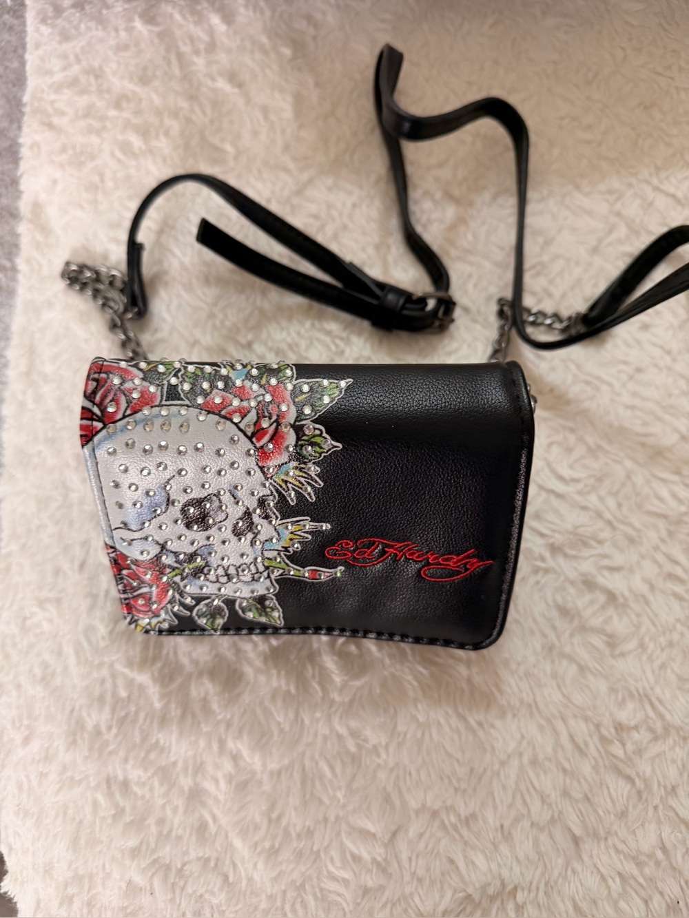 Ed Hardy Black Crossbody Bag with Skull & Red Rose Accents